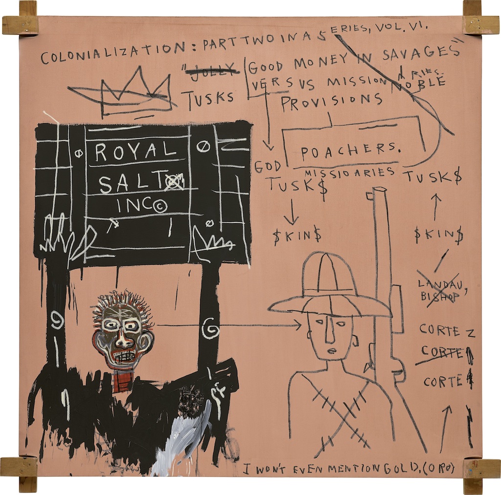 A square paintings by Jean-Michel Basquiat with two figures and several word on the canvas.