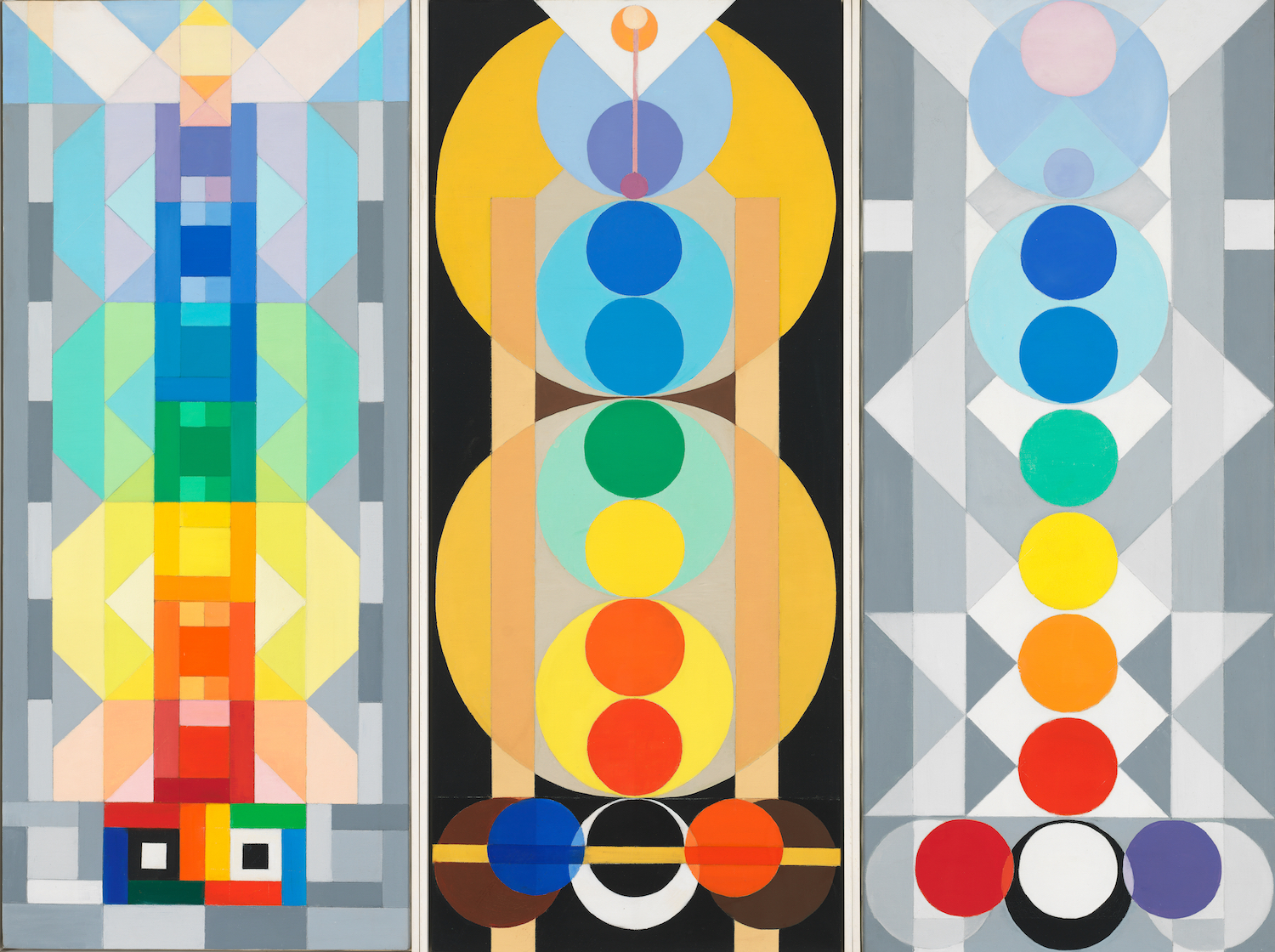 Charmion von Wiegand, Triptych, Number 700, 1961, oil and graphite pencil on linen, 3 parts, 42 1/4 × 54 5/16 inches overall.