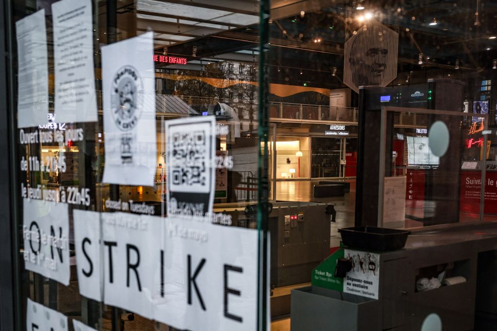 "On strike" signs are seen at the entrance doors of the Centre Pompidou (National Modern Art Museum) in Paris, on November 16, 2023. French Minister of Culture, Rima Abdul Malak, wrote on November 15, 2023 to the staff of the Centre Pompidou, partly on strike, without giving in on the question of a single location where they would be redeployed during its forthcoming five-year closure, according to a letter consulted by AFP. (Photo by ALAIN JOCARD / AFP) (Photo by ALAIN JOCARD/AFP via Getty Images)