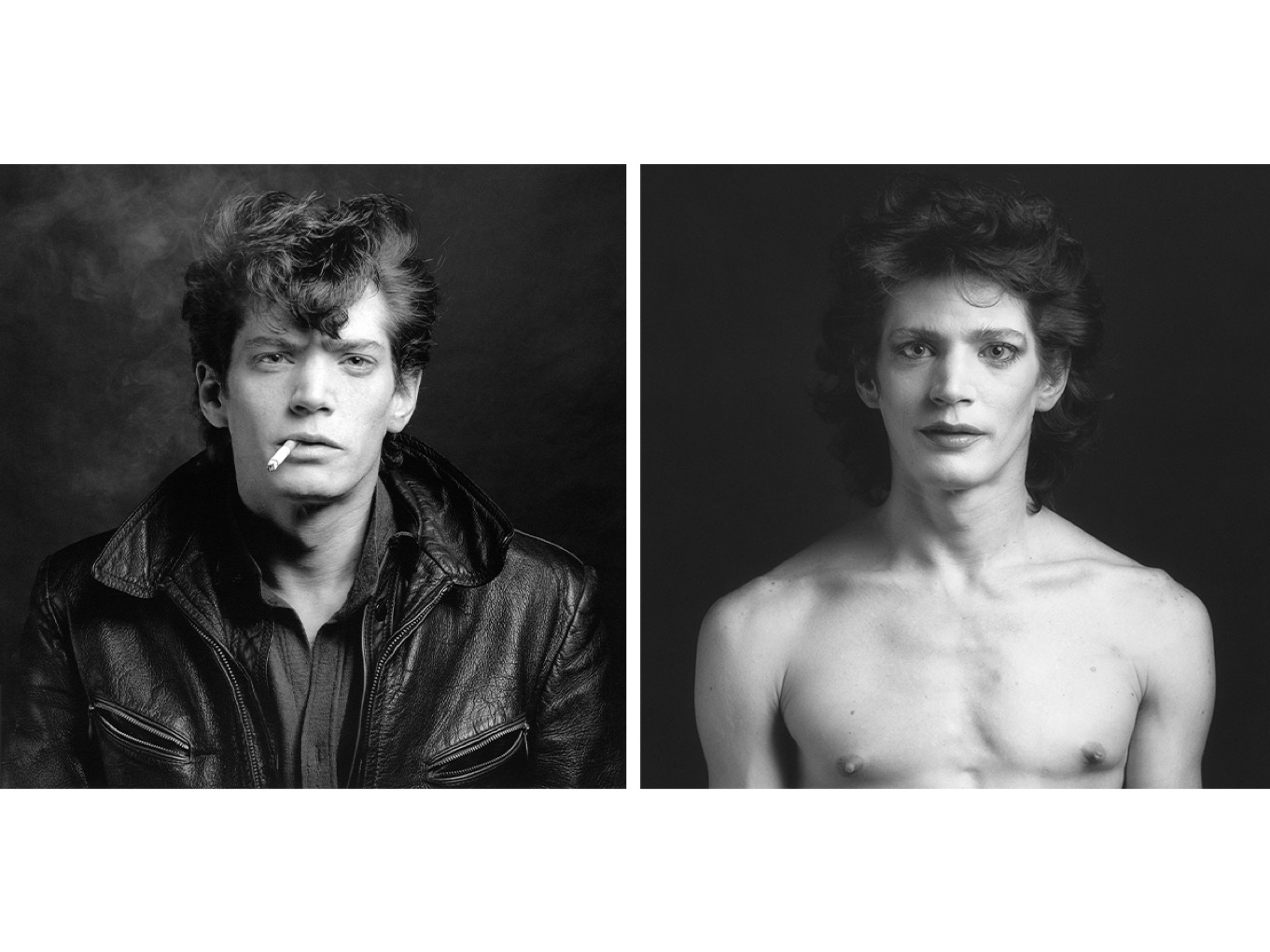 Composite image of two black-and-white photographs one shows the artist in a black leather jacket with a cigarette the other shows him shirtless with makeup.