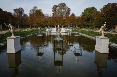 This photograph shows a work by Malagasy artist Joel Andrianomearisoa entitled "Serenade Serenade - Serenade And The Triumph Of Romance" on display at the Tuileries Gardens in Paris on October 16, 2023.